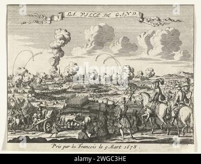 Assedio di Gand da parte dei francesi, 1678, 1678 - 1680 stampa assedio della città di Gand da parte dell'esercito francese sotto il re Luigi XIV La città fu presa il 9 marzo 1678. In primo piano ufficiali francesi a cavallo, a Gand. Carta olandese settentrionale incisione Vittoria, posizione era Gand Foto Stock