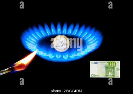 Fiamma gassosa con moneta da 1 euro, embargo sul gas, prezzi dell’energia, tasso di inflazione, prezzo del gas, burning match, 100, euro, banconota, banconota da 100 euro Foto Stock