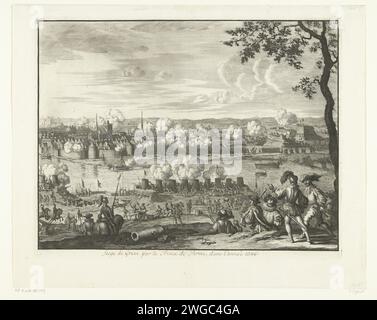 Assedio e assalto alla tomba da parte del duca di Parma, 1586, 1678 - 1680 stampa assedio e presa di tomba da parte del duca di Parma, 6 giugno 1586. Vista della città dalla posizione delle truppe spagnole assedianti. Nel mezzo, le truppe assaltano una breccia nelle mura della città. Assedio di incisione/incisione della carta dei Paesi Bassi del Nord, guerra di posizione. Cattura della tomba della città (dopo l'assedio). Maas Foto Stock