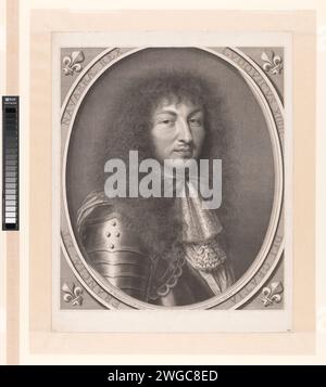 Ritratto di Lodewijk XIV, Robert Nanteuil, 1666 stampa France paper Engraving Historical Persons. re. fleur-de-lis  ornamento Foto Stock