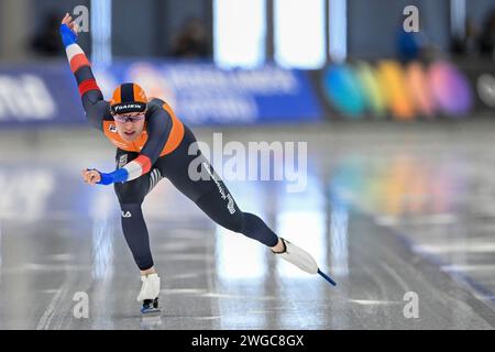 Quebec, Canada. 3 febbraio 2024. QUEBEC, CANADA - 3 FEBBRAIO: Isabel Grevelt dei Paesi Bassi gareggia nella Divisione femminile 500m A durante la ISU Speed Skating World Cup al Centre de Glaces Intact Assurance il 3 febbraio 2024 a Quebec, Canada. (Foto di David Kirouac/Orange Pictures) credito: dpa/Alamy Live News Foto Stock