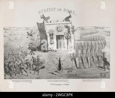 Cartoon on the temuto lifting of the Utrecht University of Applied Sciences, 1853, 1853 stampa Cartoon on the temed lifting of the Utrecht University of Applied Sciences, 1853. Un gruppo di funzionari pubblici del Ministero degli interni sta cercando di rovesciare l'edificio dell'Università di Scienze applicate di Utrecht. Sul tetto dell'edificio due professori (tra cui G.J. Mulder) che cercano di respingere gli attacchi. Ha lasciato studenti e professori in fuga. A destra, una lunga processione di bischoppen si sta muovendo verso Utrecht. Centrale in primo piano un Tor nero, un riferimento a Thorbecke, Mini Foto Stock