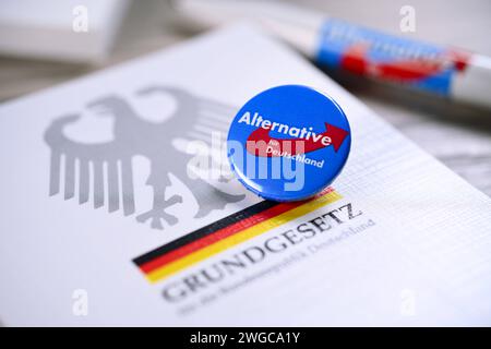 Parteianstecker der AfD auf dem deutschen Grundgesetz, Symbolfoto für die AfD-Verbotsdebatte *** distintivo del partito AfD sulla costituzione tedesca, foto simbolica per il dibattito AfD Ban Foto Stock