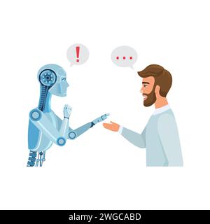 Comunicazione tra MAN e robot, punto esclamativo e puntini di sospensione nell'illustrazione vettoriale delle bolle vocali Illustrazione Vettoriale