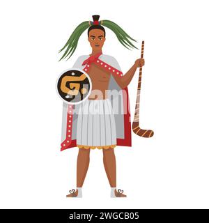 Guerriero azteco, uomo con il copricapo che regge uno scudo e un'arma in legno Illustrazione Vettoriale