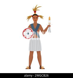 Corona di copricapo da guerriero azteco con scudo circolare con motivo etnico e illustrazione del vettore di armi metalliche Illustrazione Vettoriale