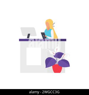 Receptionist che aspetta i clienti alla reception, donna dietro il bancone con illustrazione vettoriale del computer Illustrazione Vettoriale