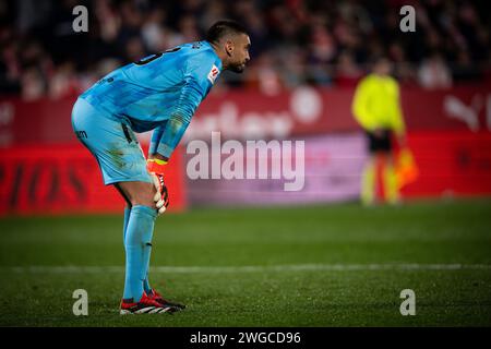 Gazzaniga (Girona FC) durante una partita di la Liga EA Sports tra Girona FC e Real Sociedad all'Estadio Municipal de Montilivi, a Girona, Spagna, il 3 febbraio 2024. (Foto di Felipe Mondino/Sipa USA) Foto Stock