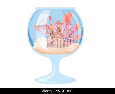 Acquario di vetro rotondo con pesci pietre d'erba e oggetti decorativi illustrazione vettoriale isolata su sfondo bianco Illustrazione Vettoriale