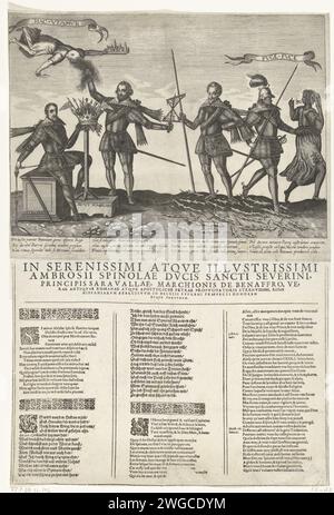 Omaggio a Spinola, ca. 1607, 1607 stampa a sinistra, spinola Arrows sta girando dalla corona spagnola. È seduto sulla Petra Fidei e la corona è su un piedistallo: Sicut Scabellum. Accanto a Spinola si trova Bucquoy che tira fortuna (Yamasio) sui capelli addosso. A destra ci sono Maurits e un guerriero sui rami di Doornet rotti dallo striscione spagnolo. Scacciano una donna con Januskop: Fuge Fuce. Con didascalia di 4 versi di 4 righe ciascuno in latino. Bloccato sotto la stampa una foglia con 3 colonne di testo in latino e tedesco. Incisione su carta del sud dei Paesi Bassi / stampa su carta Hercules Foto Stock