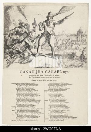 Cartone animato sulle perdite francesi a Capo la Hogue, 1692, 1692 stampa Cartoon sull'incendio delle navi francesi da parte degli olandesi e degli inglesi dopo la vittoria nella battaglia di Capo la Hogue nel canale, dal 29 maggio al 3 giugno 1692. Il marinaio olandese con scopa e coltello, un inginocchiato che gli implorava ai piedi francese. A sinistra, un inglese minaccia un giacobietto con un'ascia tallone. Con didascalia in due colonne. Incisione della carta nei Paesi Bassi settentrionali / stampa di carta da lettere caricature politiche e satire Foto Stock