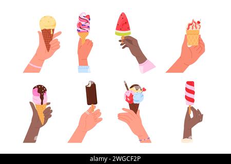 Mani di persone che tengono i gelati pronti. Le braccia umane trattengono il cono con morbide palline colorate o vortici di gelato e spruzzi di cioccolato, ghiacciolo sul bastoncino, yogurt congelato in tazza illustrazioni vettoriali dei cartoni animati Illustrazione Vettoriale