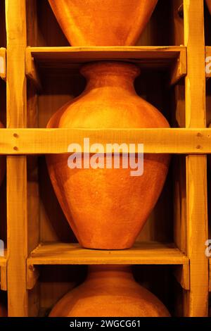 Alcuni vasi in legno e piante in vaso su scaffalature Foto Stock