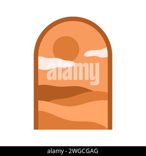 Finestra araba con natura marocchina. Vista astratta dell'illustrazione vettoriale dei cartoni animati colline Illustrazione Vettoriale