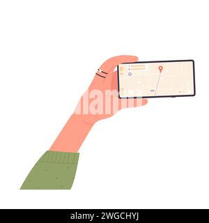 Telefono in mano con mappa gps aperta. Individuare la posizione sull'illustrazione vettoriale dei cartoni animati dell'app per smartphone Illustrazione Vettoriale