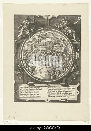 Riproduzione della stampa su cui le chiavi della Cittadella sono trasferite a Liedekercke, 1577, 1877 riproduzione della stampa su cui le chiavi della Cittadella sono trasferite da Bourse a Liedekercke, 23 agosto 1577. Liedekercke, Bourse e Roeck circondati da soldati, sullo sfondo la Cittadella. Presentazione in medaglione tondo con cornice allegorica ornamentale con in cima alle personificazioni femminili della ragione (rapporto) e Trouw (Fiducia). In fondo a un cartiglio con 2 versetti di 6 linee ciascuno in francese e olandese. Great Britain paper photolitography reason; "R Foto Stock