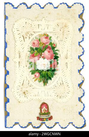Biglietto originale di San Valentino in pizzo di carta goffrato vittoriano, il messaggio è innocenza e fiori. Regno Unito circa 1890 Foto Stock