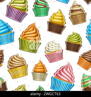 Motivo vettoriale senza cuciture, sfondo decorativo ripetuto con illustrazione della varietà piccoli cupcake, confezionati in involucro colorato, poster quadrato W. Illustrazione Vettoriale