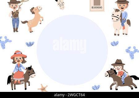 Sfondo da festa per cowboy animati per bambini con personaggi di ragazzi e ragazze. L'illustrazione vettoriale può essere utilizzata per celebrare il design occidentale. Illustrazione Vettoriale