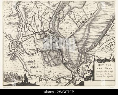 Mappa dell'assedio e della conquista di SAS-van-Gent, 1644, 1649-1651 Stampa Mappa dell'assedio della città di SAS-van Gent da parte dell'esercito Staatse al comando di Frederik Hendrik, iniziato nel luglio 28 e preso il 5 settembre 1644. Mappa di SAS-Van-Gent e del paese circostante con le dighe e gli sconse disposti dagli assedianti e dai loro accampamenti militari. In basso a destra un cartiglio con il titolo. In basso a sinistra una schermaglia. Contrassegnato in alto a sinistra: Seconda parte fol: 168 tipografia: Olanda del Nord dopo stampa: Amsterdam paper etching assedio, position War. Mappe di paesi o regioni separati SAS-Van-Gent Foto Stock