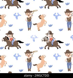 modello western per bambini e bambine per bambini. Illustrazione vettoriale con cartoni animati per bambini e animali. Può essere utilizzato per poster per feste da cowboy, carta da parati, design tessile. Personaggi dei cartoni animati in abiti del selvaggio West. Illustrazione Vettoriale