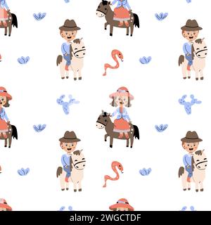 cowboy e ragazza sfondo senza cuciture - personaggi dei cartoni animati bambini. L'illustrazione vettoriale può essere utilizzata per feste di cowboy, poster, sfondi, schemi western di attività con ragazzi e ragazze. Illustrazione Vettoriale