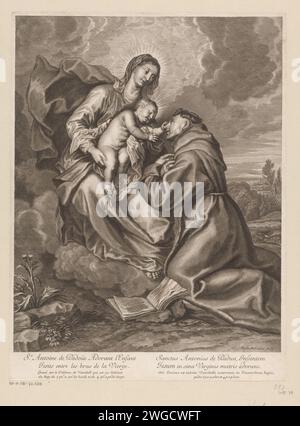 Maria con bambino e inginocchiato Antonius van Padova, Gilles Rousselet, dopo Anthony Van Dyck, 1620 - 1686 stampa carta incisione / incisione visioni di San Antonio da Padova. Madonna: Cioè Maria con il Cristo bambino Foto Stock