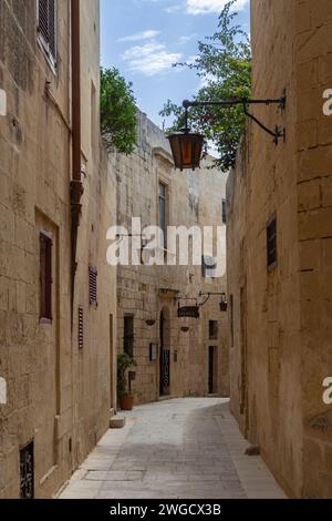 Mdina, Malta - 7 giugno 2022: Una delle stradine all'interno della città silenziosa. Foto Stock