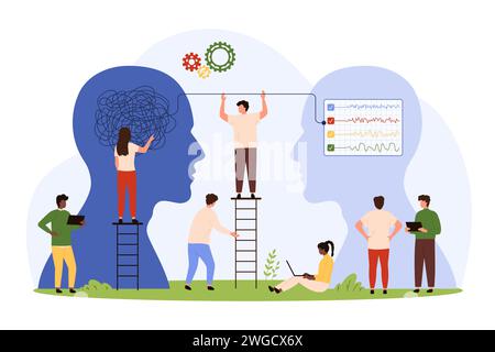 Soluzione dei problemi con metodo semplificato, da complesso a semplice. Le piccole persone districano il caos dei fili nel cervello umano, dividono i processi complicati in semplici soluzioni illustrazioni vettoriali dei cartoni animati Illustrazione Vettoriale