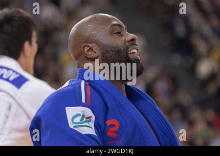 Teddy RINER (fra) ha vinto contro Alisher YUSUPOV (UZB) in semifinale categoria uomini +100kg durante il Grand Slam di Parigi 2024, evento IJF Judo, 50° anniversario, il 4 febbraio 2024 all'Accor Arena di Parigi, in Francia Foto Stock