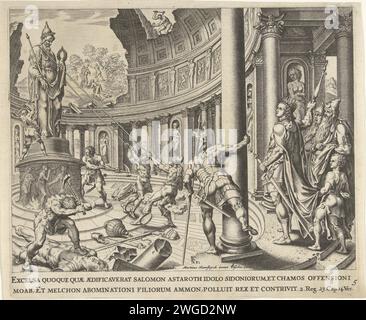 Re Josia distrugge i templi di Astarte, Kemos e Milkom, Anonimo, dopo Philips Galle, dopo Maarten van Heemskerck, 1600 - 1652 stampa Re Josia lascia che i templi in onore degli dei pagani distruggano Astarte, Kemos e Milkom e distruggano tutte le immagini degli idoli. Due uomini sono impegnati a tirare una grande statua del suo piedistallo. Altri uomini hanno colpito il tempio con dei martelli. Dopo la stampa di: HaarlemHaarlempublisher: La carta di Amsterdam che incide tutti i santuari pagani sull'intero regno sono profanati e distrutti  storia di Giosia Foto Stock