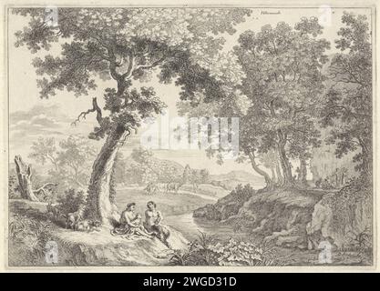 Sabato famiglia sotto un albero, Anonimo, dopo Ermanno di Swanevelt, 1623 - 1705 stampa c'è una famiglia Sater sotto un grande albero vicino a un fiume. I Bokkk camminano dietro di loro. Sull'altra sponda si possono vedere più sfridi e ninfe con capre. Uno dei Saters suona un flauto. Alcune mucche pascolano in lontananza. satyr/i di incisione della carta (in generale). river. mucca. capra. (alta) salita Foto Stock