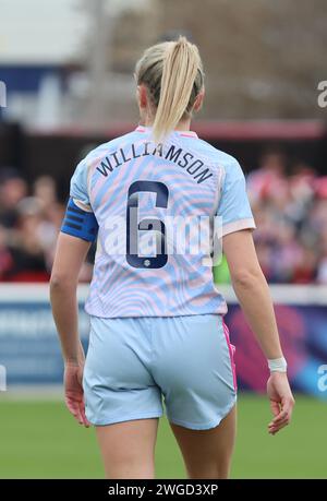 Dagenham, Regno Unito. 4 febbraio 2024. DAGENHAM, INGHILTERRA - 04 FEBBRAIO: Leah Williamson dell'Arsenal durante il Barclays fa Women's Super League Match tra West Ham United Women contro Arsenal Women al Chigwell Construction Stadium il 4 febbraio 2024 a Dagenham, Inghilterra Credit: Action foto Sport/Alamy Live News Foto Stock