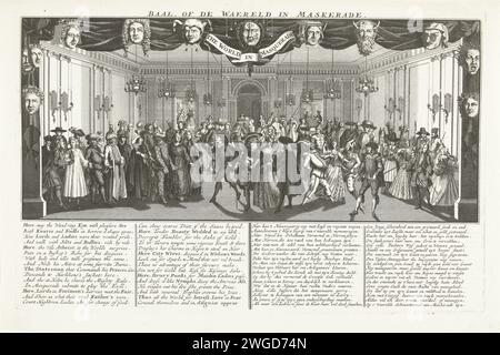 Bal, o il mondo in Maskerade, 1720, 1720 stampa Ball, o il mondo in Maskerade. Teatro con sala da ballo in cui si celebra un ballo in maschera. Ai lati e sopra il palco ci sono undici maschere, tra cui quelle del diavolo, un nar, ecc. con didascalia in quattro colonne in inglese e olandese. Stampa 66 in serie di sciocchezze con cartoni animati sul commercio eolico o di azione del 1720, anche se la stampa probabilmente non ha nulla a che fare con il commercio eolico. Mascherina per incisione/incisione su carta dei Paesi Bassi del Nord, palla mascherata Foto Stock