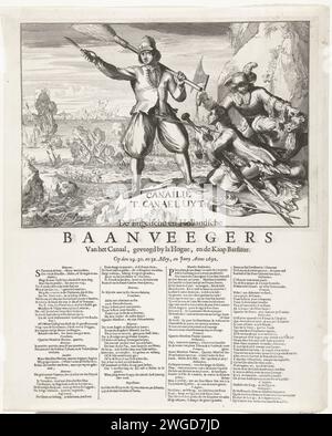 Cartone animato sulle perdite francesi a Capo la Hogue, 1692, 1692 stampa Cartoon sull'incendio delle navi francesi da parte degli olandesi e degli inglesi dopo la vittoria nella battaglia di Capo la Hogue nel canale, dal 29 maggio al 3 giugno 1692. Il marinaio olandese con scopa e coltello, un inginocchiato che gli implorava ai piedi francese. A destra un inglese minaccia un giacobietto con un'ascia tallone. Con didascalia in quattro colonne. Incisione della carta nei Paesi Bassi settentrionali / stampa di carta da lettere caricature politiche e satire Foto Stock