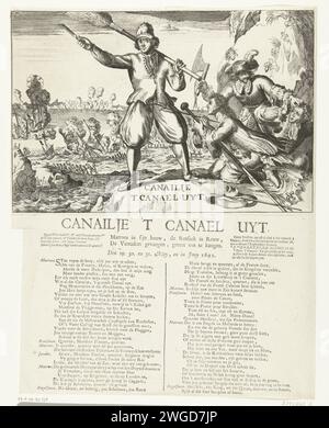 Cartone animato sulle perdite francesi a Capo la Hogue, 1692, 1692 stampa Cartoon sull'incendio delle navi francesi da parte degli olandesi e degli inglesi dopo la vittoria nella battaglia di Capo la Hogue nel canale, dal 29 maggio al 3 giugno 1692. Il marinaio olandese con scopa e coltello, un inginocchiato che gli implorava ai piedi francese. A destra un inglese minaccia un giacobietto con un'ascia tallone. Con didascalia in due colonne e alcune spiegazioni in francese. Incisione/stampa di carta nei Paesi Bassi del Nord caricature politiche e satire Foto Stock