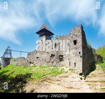 Vista estiva delle rovine del castello di Nevytsky (villaggio di Kamyanitsa ,12 km a nord di Uzhhorod, Oblast' di Zakarpattia, Ucraina). Costruito nel XIII secolo. Foto Stock