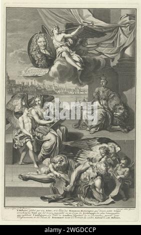 Allegoria sulla storia della Gran Bretagna con il ritratto di Isaac de Larrey, Gilliam van der Gouwen, dopo Bernard Picart, dopo Simon Thomassin, 1713 stampa la storia della personificazione, seduto sul pavimento, scrive la storia della Gran Bretagna insieme all'ispirazione della personificazione. A destra, in una colonna, la personificazione della Gran Bretagna, seduto su un leone. Nelle sue mani lo stemma della Gran Bretagna. In primo piano, tre putti cercano di fermare il tempo alato, quei libri si strappano e mangiano. Al di sopra della fama della personificazione, soffiando su un ritratto. Sta indossando il ritratto Foto Stock