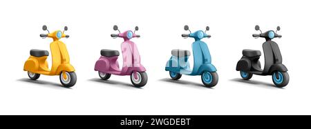 Set di scooter 3d rendering cartoon illustrazione vettoriale, scooter classico vintage realistico e dettagliato in stile grafico moderno in diversi colori, i Illustrazione Vettoriale