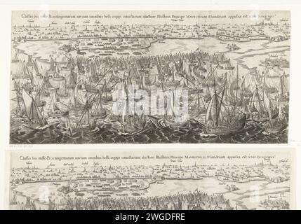 La Fleet Landing a Philippine, 1600, 1610 - 1624 stampa la flotta che sbarca a Philippine. La flotta statale di Maurits per le Filippine, dove gli uomini sono imbarcati, 22 giugno 1600. Tour a Ostenda dell'Esercito di Stato, 19-27 giugno 1600. Incisione su carta dei Paesi Bassi del Nord movimenti di truppe, trasporto (+ navi a vela) Filippine Foto Stock