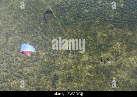 Le persone nuotano in mare su un kiteboard o un kitesurf. Sport estivi imparare a kitesurf. Kite surf nella baia di Puck a Jastarnia, Polonia, Europe aer Foto Stock