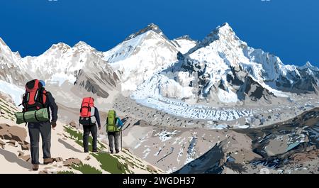 Monte Everest Lhotse e Nuptse dal lato del Nepal, visto dal campo base di Pumori con tre escursionisti, illustrazione vettoriale, monte Everest 8848 m, valle di Khumbu Illustrazione Vettoriale