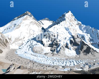 Monte Everest Lhotse e Nuptse dal lato del Nepal, visto dal campo base di Pumori, illustrazione vettoriale, Monte Everest 8.848 m, valle di Khumbu, Sagarmatha Illustrazione Vettoriale