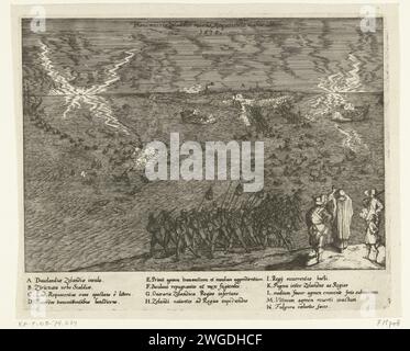 Viaggio notturno di soldati spagnoli attraverso l'acqua fino a Duiveland, 1575, 1649 - 1651 stampa viaggio notturno di soldati spagnoli di Sint-Philipsland attraverso l'acqua fino all'isola di Duiveland, 28 settembre 1575. In primo piano su Tholen, un gesuita benedice i soldati in partenza, in lontananza l'isola di Duivenland e Zierikzee. In fondo alla Legenda A-N in latino. Carta Roma Esercito "e percorso" Schouwen-Duiveland. Sint-Philipsland Foto Stock