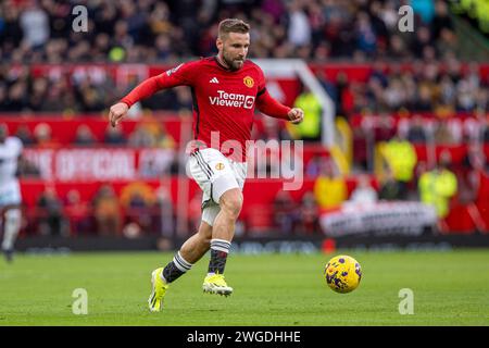 Manchester, Regno Unito. 4 febbraio 2024. Manchester, Inghilterra, 4 febbraio 2024: Luke Shaw della Man Utd in azione durante la partita di calcio della Premier League tra Manchester United e West Ham United all'Old Trafford di Manchester, Inghilterra (Richard Callis/SPP) credito: SPP Sport Press Photo. /Alamy Live News Foto Stock