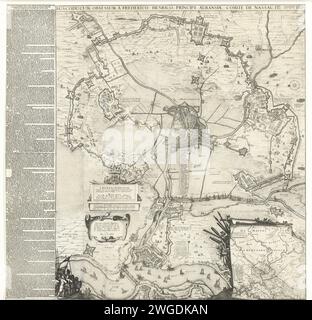 Grande mappa dell'assedio di Den Bosch da parte di Frederik Hendrik, 1629, 1629 stampa grande mappa dell'assedio di Den Bosch da parte dell'esercito Staatse al comando di Frederik Hendrik, dal 1 maggio al 17 settembre 1629. Mappa con la città ampliata centralmente. In basso a destra una scommessa con una mappa del tutto più grande. Sulla sinistra un testo pubblicato con una descrizione degli eventi. Mappe di Amsterdam per incisione su carta/stampa letterpress di paesi o regioni diversi. Assedio, mettere guerra al Bosch Foto Stock