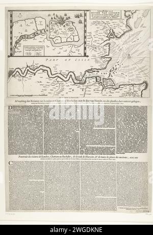 Mappa della foce del Tamigi con il viaggio a Chatham, 1667, 1667 Stampa Mappa della foce del Tamigi in cui il viaggio a Chatham è stato indicato dalla State Fleet al comando di Admiraal de Ruyter, 20-23 giugno 1667. In alto a sinistra una scommessa con una carta dettagliata dalla foce del fiume Medway e dall'isola di Sheppey. Sotto la piastra, viene stampato un foglio con 2 descrizioni in 4 colonne in olandese e francese. Tipografia: Olanda settentrionale Sprinter: Amsterdampublisher: Amsterdam cartaceo/tipografico cartaceo di Amsterdam cartine di diversi paesi o regioni. RAID on the Medway Theems. Medway. Chatha Foto Stock