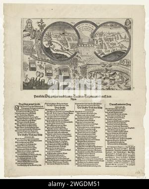 Cartoni animati sull'assunzione di Schans Papenmuts e la caduta di Frederik van Bohemen, 1622, 1622 stampe Cartoon sull'assunzione da parte degli spagnoli di Schans Papenhoot nel Reno il 29 dicembre 1622 e la caduta di Frederik van de Palts, re di Boemen. Vista della città di Praga, vista da grandi bicchieri (i grandi occhiali geuzen) e la sconfitta di Frederik nella battaglia del Witte Berg (8 novembre 1620). In basso a destra la conchiglia del cappello Papen, con piccoli bicchieri (i bicchieri papen). In cima ai ritratti dell'imperatore Ferdinando II e del Palatesgraaf Frederik V. stampati sotto lo spettacolo Foto Stock