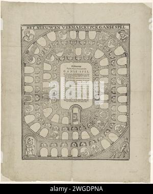 Intero tabellone, ca. 1760-1790, Anonymous, 1756 - 1791 stampa gioco da tavolo Goose con box 1-63. Nel mezzo le regole. Parte di un gruppo di giochi per bambini e da tavolo stampati nel periodo ca. 1750-1850. Tipografia: Netherlandspublisher: Amsterdam carta tipografia stampa goose-game Foto Stock