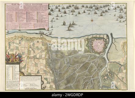 Assedio di Ostenda, 1706, 1707 Stampa Mappa dell'assedio di Ostenda da parte degli Alleati al comando di Hendrik van Nassau, signore di Ouwerkerk, assediato dal 17 giugno, preso il 6 luglio 1706. In alto a sinistra un cartiglio intitolato e la leggenda 1-57 in francese. In basso a sinistra un cartiglio con una lista dei reggimenti che parteciparono all'assedio con in cima all'arma di Hendrik van Nassau, signore di Ouwekerk e sotto una ciotola: Eschelle de 300 Toises. Carta di Bruxelles per l'incisione di mappe di paesi o regioni diversi. Assedio, posizione guerra Ostenda Foto Stock